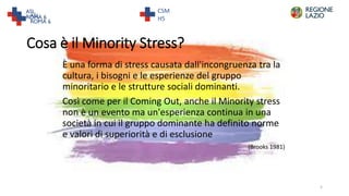 Cosa è il Minority Stress?
È una forma di stress causata dall'incongruenza tra la
cultura, i bisogni e le esperienze del gruppo
minoritario e le strutture sociali dominanti.
Così come per il Coming Out, anche il Minority stress
non è un evento ma un'esperienza continua in una
società in cui il gruppo dominante ha definito norme
e valori di superiorità e di esclusione
(Brooks 1981)
CSM
H5
5
 