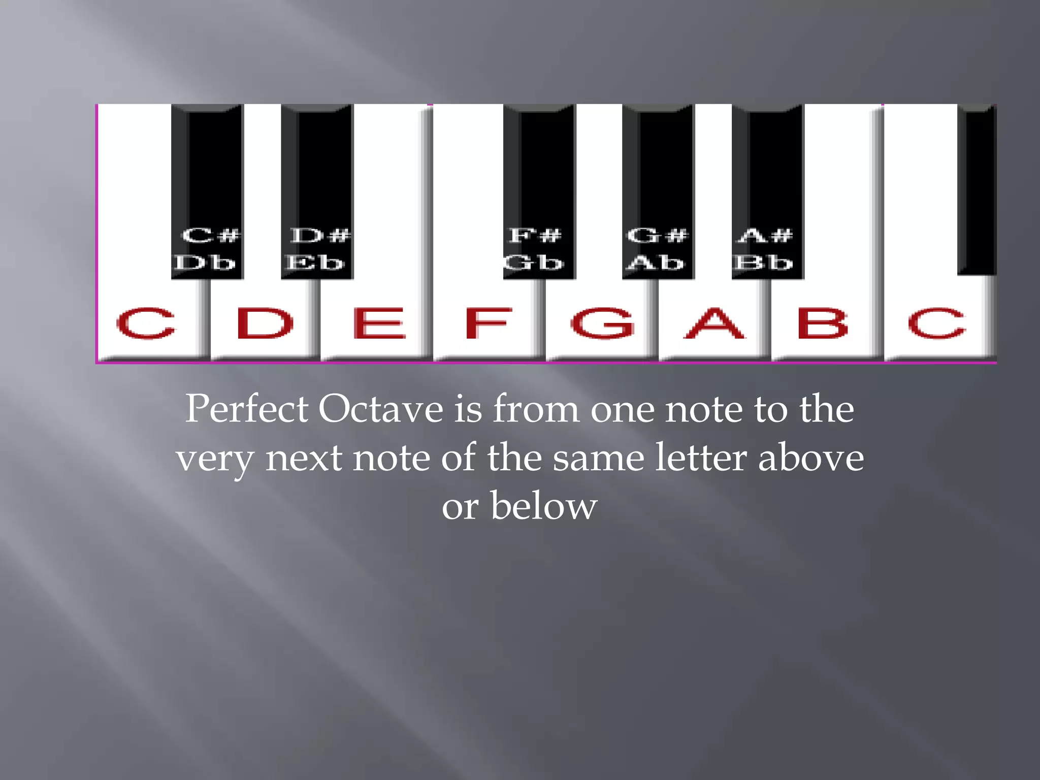 Perfect Octave is from one note to the 
very next note of the same letter above 
or below 
 