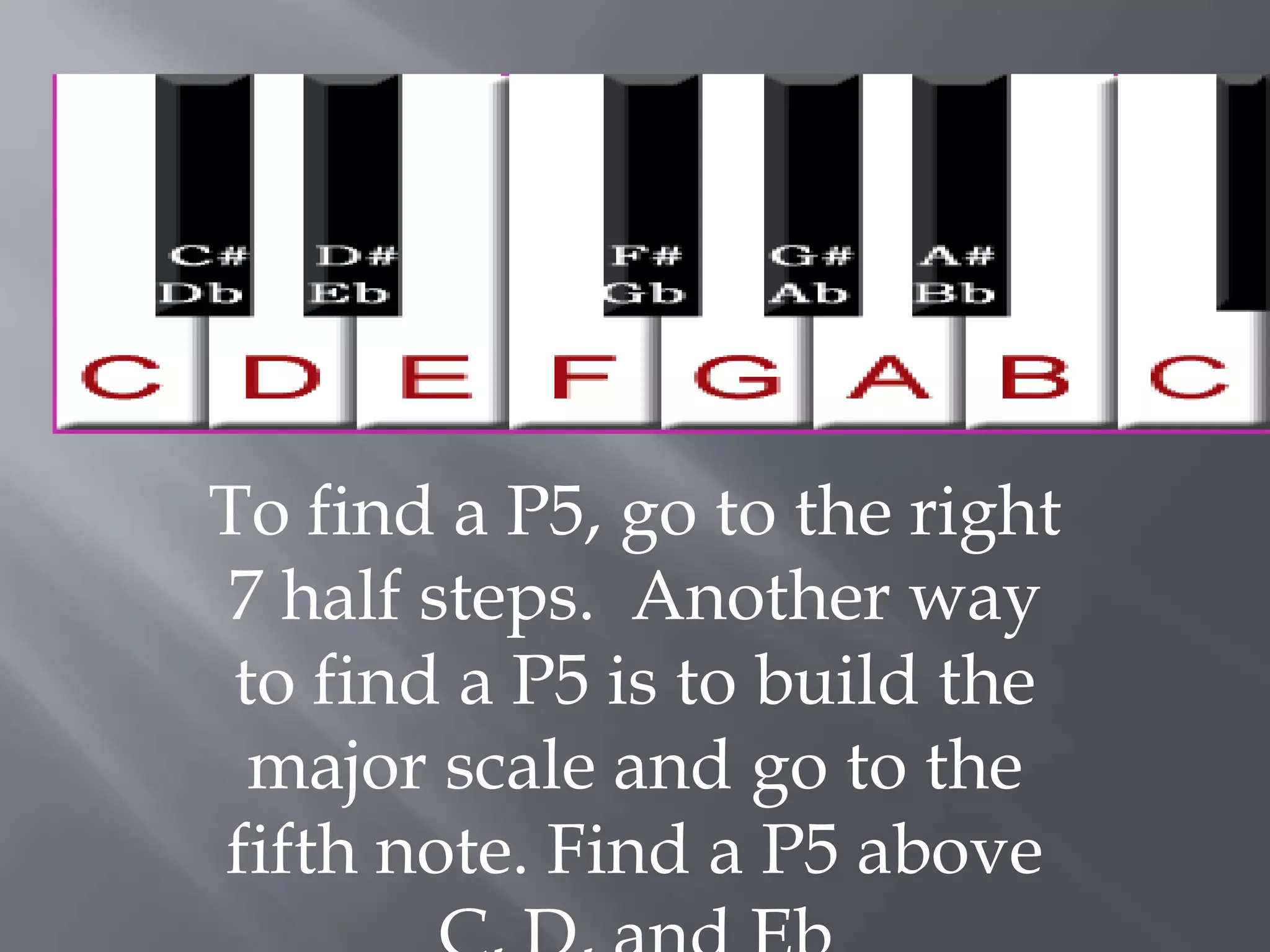 To find a P5, go to the right 
7 half steps. Another way 
to find a P5 is to build the 
major scale and go to the 
fifth note. Find a P5 above 
C, D, and Eb 
 