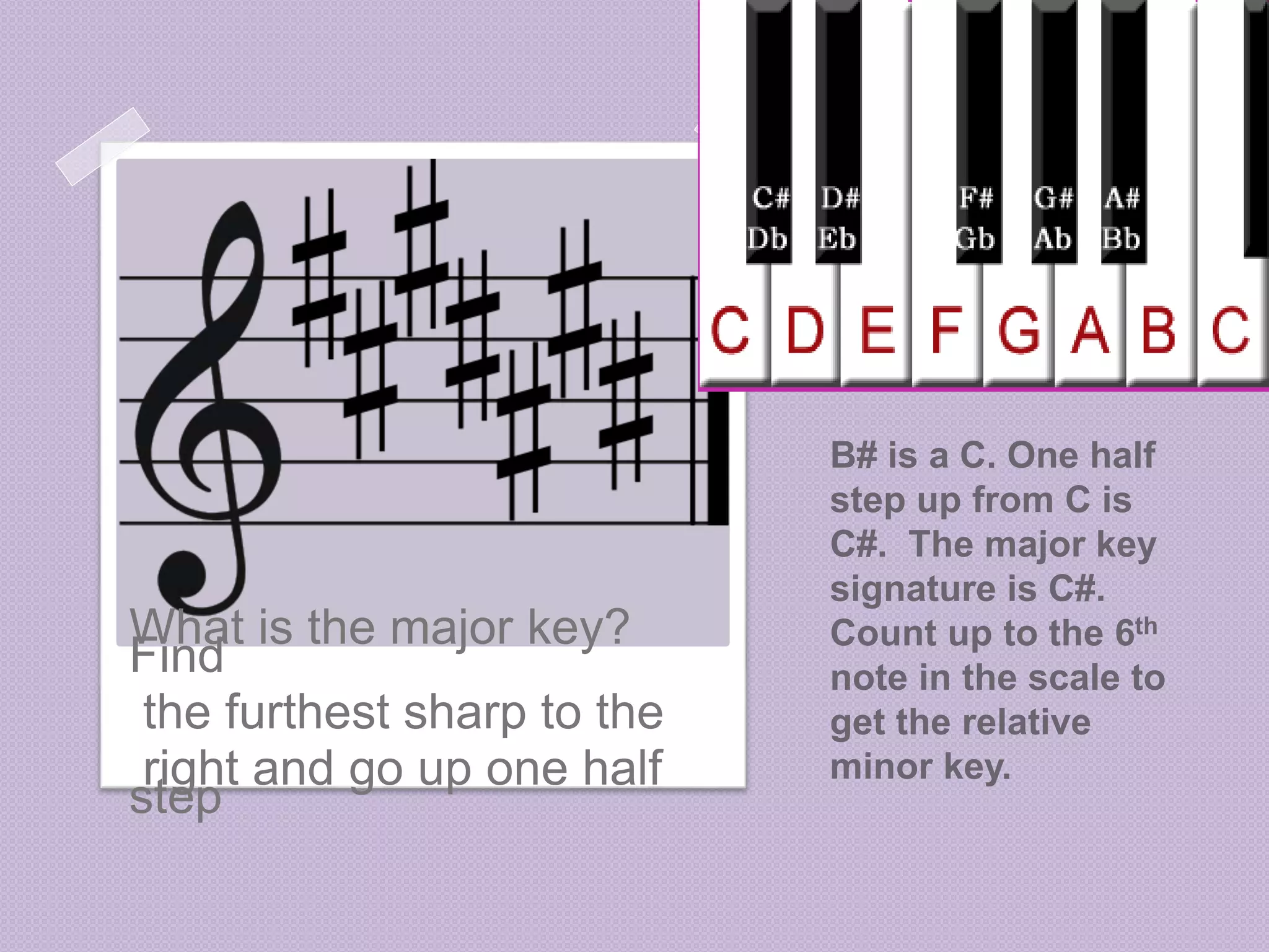 B# is a C. One half 
step up from C is 
C#. The major key 
signature is C#. 
Count up to the 6th 
note in the scale to 
get the relative 
minor key. 
What is the major key? 
Find 
the furthest sharp to the 
right and go up one half 
step 
 
