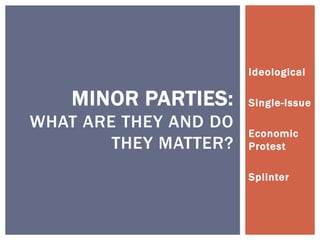 Ideological

    MINOR PARTIES:     Single-Issue
WHAT ARE THEY AND DO
                       Economic
        THEY MATTER?   Protest

                       Splinter
 