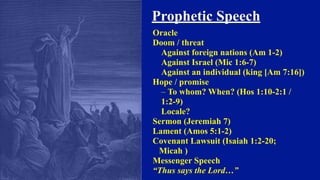 Prophetic Speech
Oracle
Doom / threat
Against foreign nations (Am 1-2)
Against Israel (Mic 1:6-7)
Against an individual (king [Am 7:16])
Hope / promise
– To whom? When? (Hos 1:10-2:1 /
1:2-9)
Locale?
Sermon (Jeremiah 7)
Lament (Amos 5:1-2)
Covenant Lawsuit (Isaiah 1:2-20;
Micah )
Messenger Speech
“Thus says the Lord…”
 