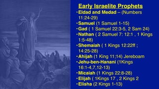 Early Israelite Prophets
•Eldad and Medad – (Numbers
11:24-29)
•Samuel (1 Samuel 1-15)
•Gad ( 1 Samuel 22:3-5, 2 Sam 24)
•Nathan ( 2 Samuel 7: 12:1 , 1 Kings
1:5-48)
•Shemaiah ( 1 Kings 12:22ff ;
14:25-28)
•Ahijah (1 King 11;14) Jereboam
•Jehu-ben-Hanani (1Kings
16:1-4,7,12-13)
•Micaiah (1 Kings 22:8-28)
•Elijah ( 1Kings 17 , 2 Kings 2
•Elisha (2 Kings 1-13)
 