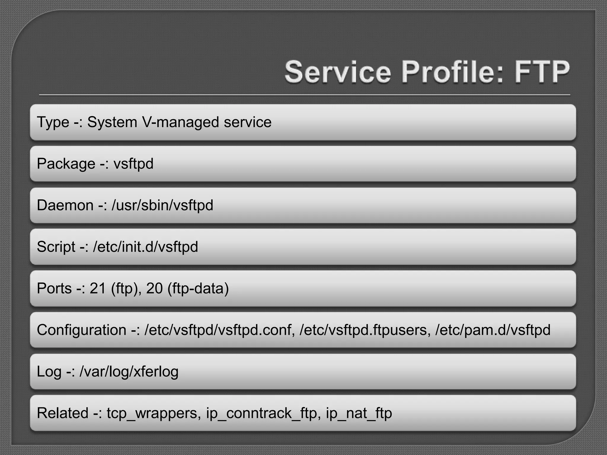 Type -: System V-managed service

Package -: vsftpd

Daemon -: /usr/sbin/vsftpd

Script -: /etc/init.d/vsftpd

Ports -: 21 (ftp), 20 (ftp-data)

Configuration -: /etc/vsftpd/vsftpd.conf, /etc/vsftpd.ftpusers, /etc/pam.d/vsftpd

Log -: /var/log/xferlog

Related -: tcp_wrappers, ip_conntrack_ftp, ip_nat_ftp
 