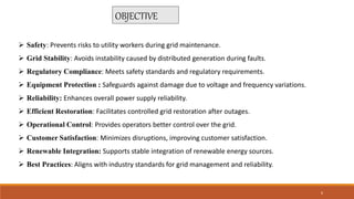  Safety: Prevents risks to utility workers during grid maintenance.
 Grid Stability: Avoids instability caused by distributed generation during faults.
 Regulatory Compliance: Meets safety standards and regulatory requirements.
 Equipment Protection : Safeguards against damage due to voltage and frequency variations.
 Reliability: Enhances overall power supply reliability.
 Efficient Restoration: Facilitates controlled grid restoration after outages.
 Operational Control: Provides operators better control over the grid.
 Customer Satisfaction: Minimizes disruptions, improving customer satisfaction.
 Renewable Integration: Supports stable integration of renewable energy sources.
 Best Practices: Aligns with industry standards for grid management and reliability.
OBJECTIVE
6
 