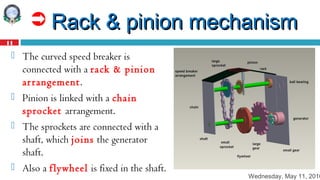 Wednesday, May 11, 2016
11
 Rack & pinion mechanismRack & pinion mechanism
 The curved speed breaker is
connected with a rack & pinion
arrangement.
 Pinion is linked with a chain
sprocket arrangement.
 The sprockets are connected with a
shaft, which joins the generator
shaft.
 Also a flywheel is fixed in the shaft.
 
