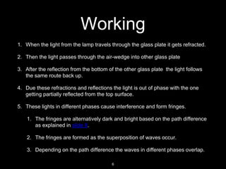 Working
1. When the light from the lamp travels through the glass plate it gets refracted.
2. Then the light passes through the air-wedge into other glass plate
3. After the reflection from the bottom of the other glass plate the light follows
the same route back up.
4. Due these refractions and reflections the light is out of phase with the one
getting partially reflected from the top surface.
5. These lights in different phases cause interference and form fringes.
1. The fringes are alternatively dark and bright based on the path difference
as explained in slide 8.
2. The fringes are formed as the superposition of waves occur.
3. Depending on the path difference the waves in different phases overlap.
6
 