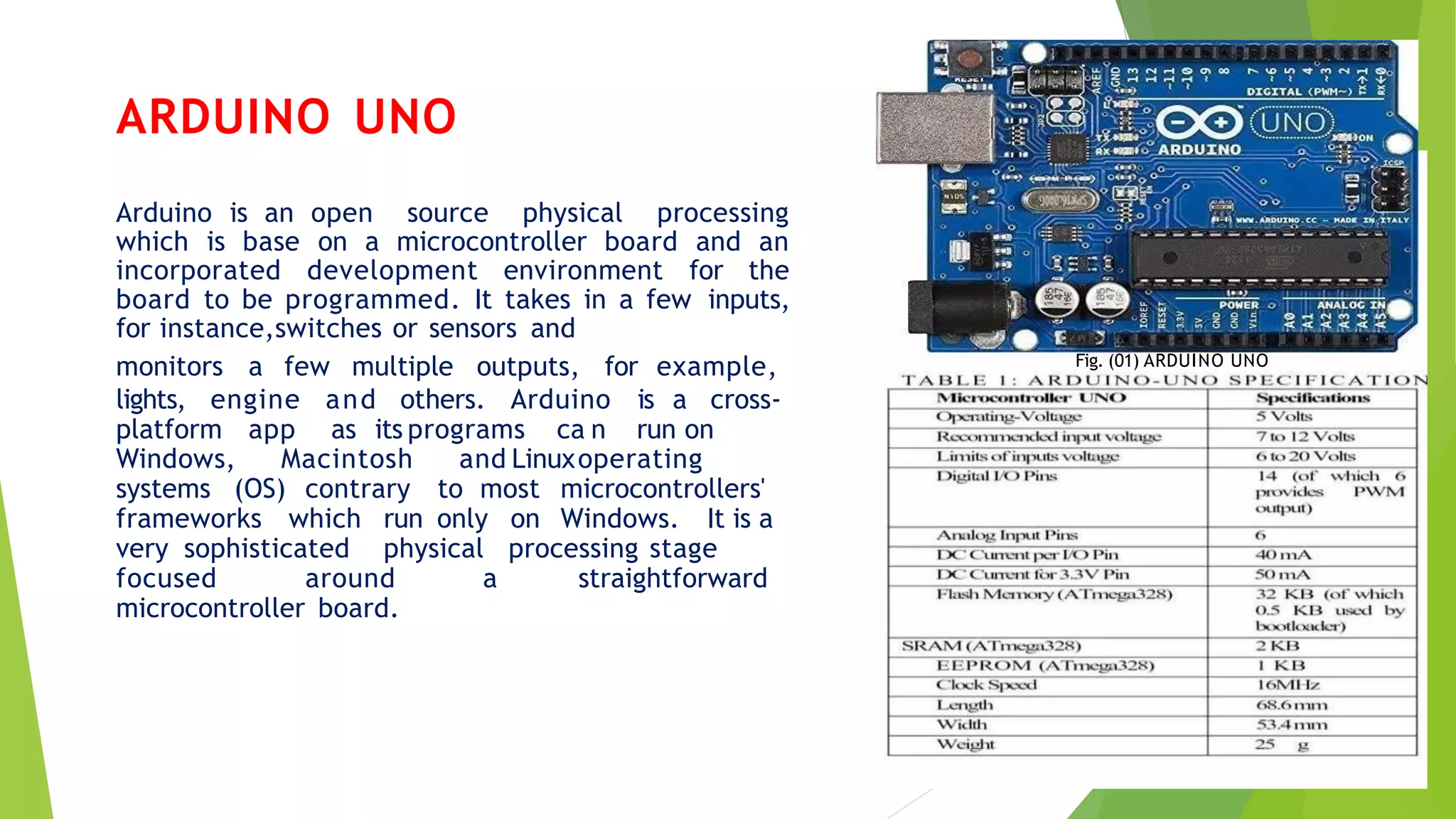 ARDUINO UNO
Arduino is an open source physical processing
which is base on a microcontroller board and an
incorporated development environment for the
board to be programmed. It takes in a few inputs,
for instance,switches or sensors and
monitors a few multiple outputs, for example,
lights, engine and others. Arduino is a cross-
platform app as its programs ca n run on
Windows, Macintosh and Linuxoperating
systems (OS) contrary to most microcontrollers'
frameworks which run only on Windows. It is a
very sophisticated physical processing stage
focused around a straightforward
microcontroller board.
Fig. (01) ARDUINO UNO
 