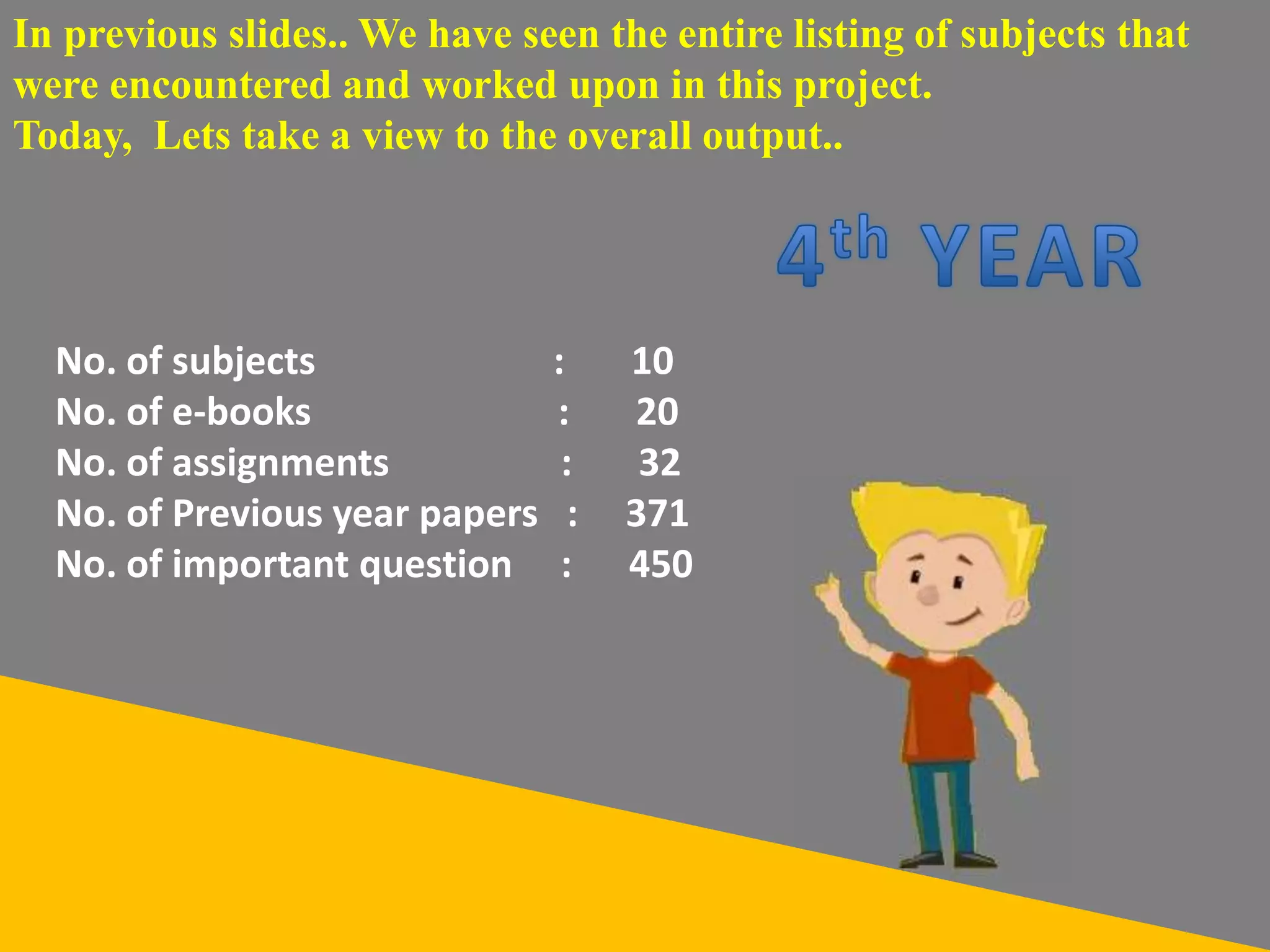 In previous slides.. We have seen the entire listing of subjects that
were encountered and worked upon in this project.
Today, Lets take a view to the overall output..
No. of subjects : 10
No. of e-books : 20
No. of assignments : 32
No. of Previous year papers : 371
No. of important question : 450
 