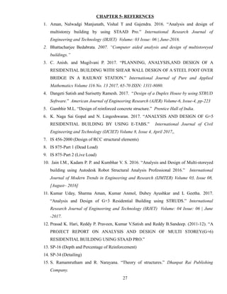 CHAPTER 5- REFERENCES
1. Aman, Nalwadgi Manjunath, Vishal T and Gajendra. 2016. “Analysis and design of
multistorey building by using STAAD Pro.” International Research Journal of
Engineering and Technology (IRJET) Volume: 03 Issue: 06 | June-2016.
2. Bhattacharjee Bedabrata. 2007. “Computer aided analysis and design of multistoreyed
buildings.”
3. C. Anish. and Mugilvani P. 2017. “PLANNING, ANALYSIS,AND DESIGN OF A
RESIDENTIAL BUILDING WITH SHEAR WALL DESIGN OF A STEEL FOOT OVER
BRIDGE IN A RAILWAY STATION.” International Journal of Pure and Applied
Mathematics Volume 116 No. 13 2017, 65-70 ISSN: 1311-8080.
4. Dangeti Satish and Surisetty Ramesh. 2017. “Design of a Duplex House by using STRUD
Software.” American Journal of Engineering Research (AJER) Volume-6, Issue-4, pp-223
5. Gambhir M.L. “Design of reinforced concrete structure.” Prentice Hall of India.
6. K. Naga Sai Gopal and N. Lingeshwaran. 2017. “ANALYSIS AND DESIGN OF G+5
RESIDENTIAL BUILDING BY USING E-TABS.” International Journal of Civil
Engineering and Technology (IJCIET) Volume 8, Issue 4, April 2017,.
7. IS 456-2000 (Design of RCC structural elements)
8. IS 875-Part 1 (Dead Load)
9. IS 875-Part 2 (Live Load)
10. Jain I.M., Kadam P. P. and Kumbhar V. S. 2016. “Analysis and Design of Multi-storeyed
building using Autodesk Robot Structural Analysis Professional 2016.” International
Journal of Modern Trends in Engineering and Research (IJMTER) Volume 03, Issue 08,
[August– 2016]
11. Kumar Uday, Sharma Aman, Kumar Anmol, Dubey Ayushkar and L Geetha. 2017.
“Analysis and Design of G+3 Residential Building using STRUDS.” International
Research Journal of Engineering and Technology (IRJET) Volume: 04 Issue: 06 | June
-2017.
12. Prasad K. Hari, Reddy P. Praveen, Kumar V.Satish and Reddy B.Sandeep. (2011-12). “A
PROJECT REPORT ON ANALYSIS AND DESIGN OF MULTI STOREY(G+6)
RESIDENTIAL BUILDING USING STAAD PRO.”
13. SP-16 (Depth and Percentage of Reinforcement)
14. SP-34 (Detailing)
15. S. Ramamrutham and R. Narayana. “Theory of structures.” Dhanpat Rai Publishing
Company.
27
 