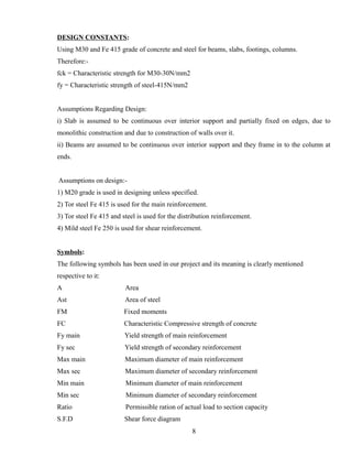 DESIGN CONSTANTS:
Using M30 and Fe 415 grade of concrete and steel for beams, slabs, footings, columns.
Therefore:-
fck = Characteristic strength for M30-30N/mm2
fy = Characteristic strength of steel-415N/mm2
Assumptions Regarding Design:
i) Slab is assumed to be continuous over interior support and partially fixed on edges, due to
monolithic construction and due to construction of walls over it.
ii) Beams are assumed to be continuous over interior support and they frame in to the column at
ends.
Assumptions on design:-
1) M20 grade is used in designing unless specified.
2) Tor steel Fe 415 is used for the main reinforcement.
3) Tor steel Fe 415 and steel is used for the distribution reinforcement.
4) Mild steel Fe 250 is used for shear reinforcement.
Symbols:
The following symbols has been used in our project and its meaning is clearly mentioned
respective to it:
A Area
Ast Area of steel
FM Fixed moments
FC Characteristic Compressive strength of concrete
Fy main Yield strength of main reinforcement
Fy sec Yield strength of secondary reinforcement
Max main Maximum diameter of main reinforcement
Max sec Maximum diameter of secondary reinforcement
Min main Minimum diameter of main reinforcement
Min sec Minimum diameter of secondary reinforcement
Ratio Permissible ration of actual load to section capacity
S.F.D Shear force diagram
8
 