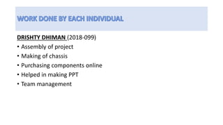 DRISHTY DHIMAN (2018-099)
• Assembly of project
• Making of chassis
• Purchasing components online
• Helped in making PPT
• Team management
 
