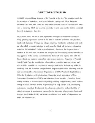 13
OBJECTIVES OF NABARD
NABARD was established in terms of the Preamble to the Act, "for providing credit for
the promotion of agriculture, small scale industries, cottage and village industries,
handicrafts and other rural crafts and other allied economic activities in rural areas with a
view to promoting IRDP and securing prosperity of rural areas and for matters connected
therewith in incidental there to".
The National Bank will be an apex organisation in respect of all matters relating to
policy, planning operational aspects in the field of credit for promotion of Agriculture,
Small Scale Industries, Cottage and Village Industries, Handicrafts and other rural crafts
and other allied economic activities in rural areas.The Bank will serve as a refinancing
institution for institutional credit such as long-term, short-term for the promotion of
activities in the rural areas.The Bank will also provide direct lending to any institution as
may approved by the Central Government.The Bank will have organic links with the
Reserve Bank and maintain a close link with in major activities. Preparing of Potential
Linked Credit Plans for identification of exploitable potentials under agriculture and
other activities available for development through bank credit . Refinancing banks for
extending loans for investment and production purpose in rural areas. Providing loans to
State Government/Non Government Organizations (NGOs)/Panchayati Raj Institutions
(PRIs) for developing rural infrastructure. Supporting credit innovations of Non
Government Organizations (NGOs) and other non-formal agencies .Extending formal
banking services to the unreached rural poor by evolving a supplementary credit delivery
strategy in a cost effective manner by promoting Self Help Groups (SHGs)Promoting
participatory watershed development for enhancing productivity and profitability of
rainfed agriculture in a sustainable manner.On-site inspection of cooperative banks and
Regional Rural Banks (RRBs) and its-site surveillance over health of cooperatives and
RRBs role and functions.
 