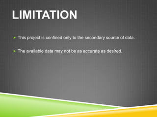 LIMITATION
 This project is confined only to the secondary source of data.


 The available data may not be as accurate as desired.
 