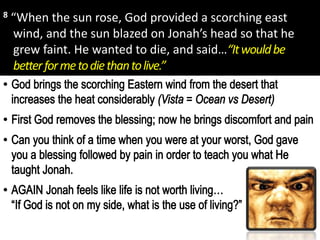 8 “When the sun rose, God provided a scorching east
wind, and the sun blazed on Jonah’s head so that he
grew faint. He wanted to die, and said…“Itwouldbe
betterformetodiethantolive.”
 