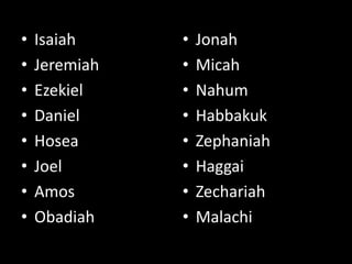• Isaiah
• Jeremiah
• Ezekiel
• Daniel
• Hosea
• Joel
• Amos
• Obadiah
• Jonah
• Micah
• Nahum
• Habbakuk
• Zephaniah
• Haggai
• Zechariah
• Malachi