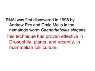 RNAi was first discovered in 1998 byRNAi was first discovered in 1998 by
Andrew Fire and Craig Mello in theAndrew Fire and Craig Mello in the
nematode wormnematode worm Caenorhabditis elegans.Caenorhabditis elegans.
This technique has proven effective in
Drosophila, plants, and recently, in
mammalian cell culture.
 