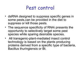 Pest control
• dsRNA designed to suppress specific genes in
some pests,can be provided in the diet to
suppress or kill those pests.
• The sequence specificity of RNAi presents the
opportunity to selectively target some pest
species while sparing desirable species.
• All transgenic-plant-mediated insect control
technology is based on the plants producing
proteins derived from a specific type of bacteria,
Bacillus thuringiensis or Bt.
 