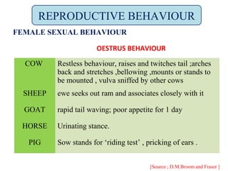 COW Restless behaviour, raises and twitches tail ;arches
back and stretches ,bellowing ,mounts or stands to
be mounted , vulva sniffed by other cows
SHEEP ewe seeks out ram and associates closely with it
GOAT rapid tail waving; poor appetite for 1 day
HORSE Urinating stance.
PIG Sow stands for ‘riding test’ , pricking of ears .
FEMALE SEXUAL BEHAVIOUR
OESTRUS BEHAVIOUR
REPRODUCTIVE BEHAVIOUR
[Source ; D.M.Broom and Fraser ]
 