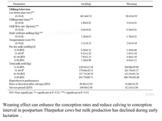 Weaning effect can enhance the conception rates and reduce calving to conception
interval in postpartum Tharparkar cows but milk production has declined during early
lactation .
 