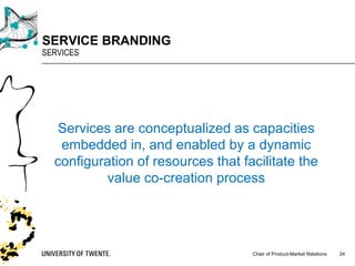 Chair of Product-Market Relations
SERVICE BRANDING
SERVICES
24
Services are conceptualized as capacities
embedded in, and enabled by a dynamic
configuration of resources that facilitate the
value co-creation process
 