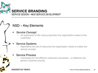 Chair of Product-Market Relations
SERVICE BRANDING
SERVICE DESIGN – NEW SERVICE DEVELOPMENT
34
NSD – Key Elements
§ Service Concept
• An expression of the value proposition the organization makes to the
customers
§ Service Systems
• Represents the set of resources the organization needs to realize the
service concept
§ Service Process
• A prototype for the different customers’ processes – a collective and
generic customer journey
 