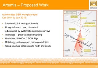 21 
Artemis – Proposed Work 
Accelerated $6M workplan from 
Oct 2014 to Jun 2015 
• Systematic drill testing at Artemis 
• Along strike and down dip extent 
to be guided by systematic downhole surveys 
• Thickness – grade variation mapping 
• 40+ holes, 18,000m, 2 DDH Rigs 
• Metallurgy, petrology and resource definition 
• Along-structure extensions to north and south 
 
