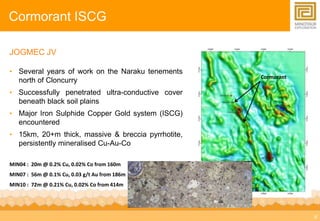 6 
Cormorant ISCG 
JOGMEC JV 
• Several years of work on the Naraku tenements 
north of Cloncurry 
• Successfully penetrated ultra-conductive cover 
beneath black soil plains 
• Major Iron Sulphide Copper Gold system (ISCG) 
encountered 
• 15km, 20+m thick, massive & breccia pyrrhotite, 
persistently mineralised Cu-Au-Co 
MIN04 : 20m @ 0.2% Cu, 0.02% Co from 160m 
MIN07 : 56m @ 0.1% Cu, 0.03 g/t Au from 186m 
MIN10 : 72m @ 0.21% Cu, 0.02% Co from 414m 
Cormorant 
 