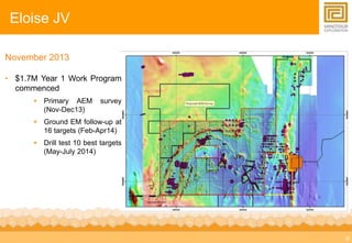 8 
Eloise JV 
November 2013 
• $1.7M Year 1 Work Program 
commenced 
 Primary AEM survey 
(Nov-Dec13) 
 Ground EM follow-up at 
16 targets (Feb-Apr14) 
 Drill test 10 best targets 
(May-July 2014) 
 
