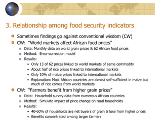 3. Relationship among food security indicatorsSometimes findings go against conventional wisdom (CW)CW:  “World markets affect African food prices”  Data: Monthly data on world grain prices & 62 African food prices Method:  Error-correction modelResults: Only 13 of 62 prices linked to world markets of same commodityAbout half of rice prices linked to international marketsOnly 10% of maize prices linked to international marketsExplanation: Most African countries are almost self-sufficient in maize but much of rice comes from world marketsCW:  “Farmers benefit from higher grain prices”  Data:  Household survey data from numerous African countriesMethod:  Simulate impact of price change on rural householdsResults:  40-60% of households are net buyers of grain & lose from higher prices Benefits concentrated among larger farmers