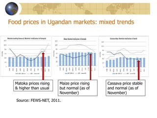 Food prices in Ugandan markets: mixed trendsMatoka prices rising & higher than usualMaize price rising but normal (as of November)Cassava price stable and normal (as of November)Source: FEWS-NET, 2011.