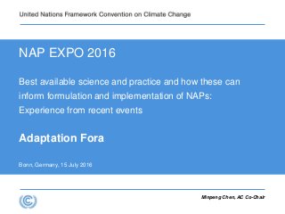 NAP EXPO 2016
Best available science and practice and how these can
inform formulation and implementation of NAPs:
Experience from recent events
Adaptation Fora
Bonn, Germany, 15 July 2016
Minpeng Chen, AC Co-Chair
 