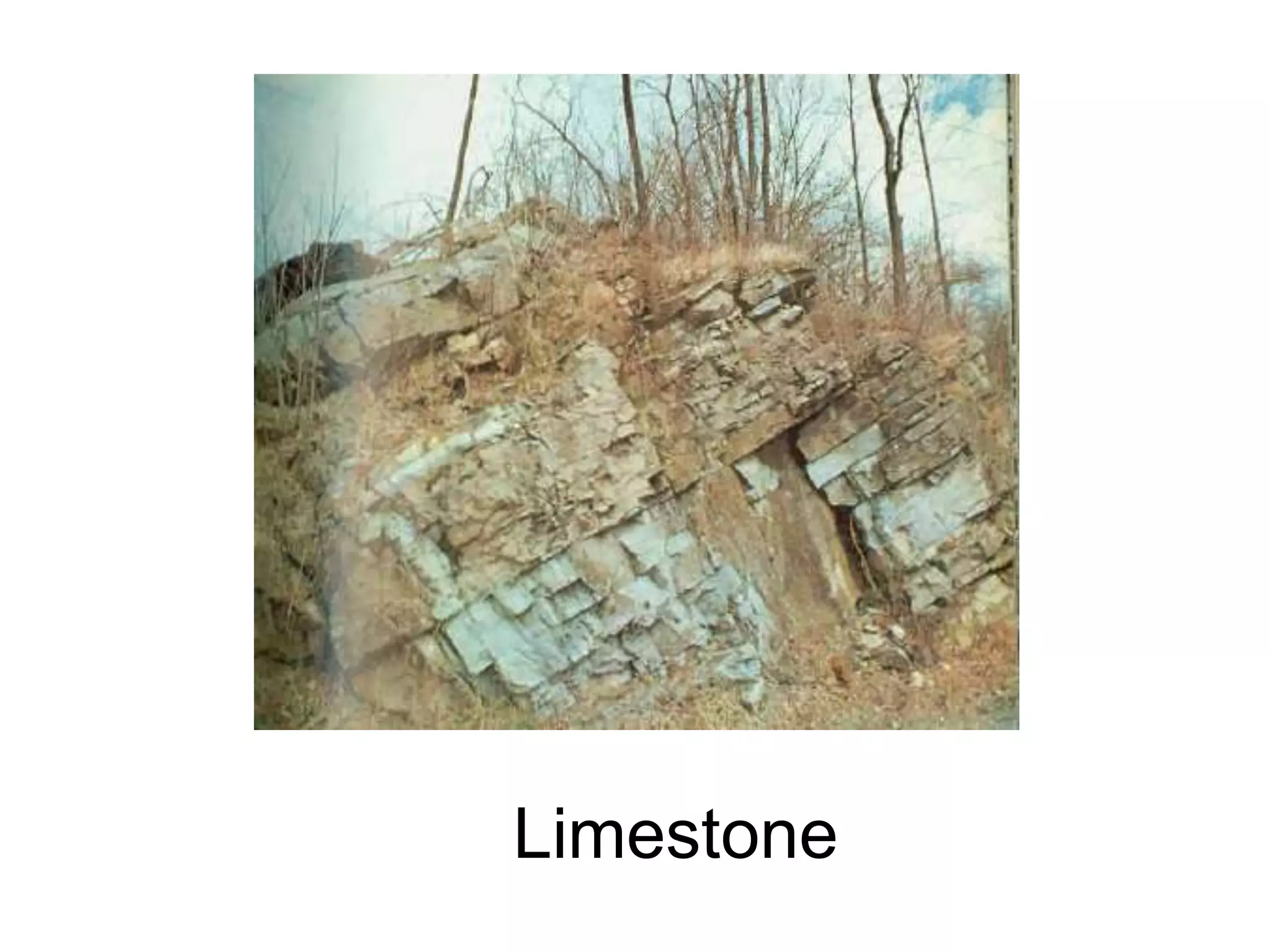 SEDIMENTARY ROCKSRocks formed from accumulation and hardening of water or airborne sediment, plant or animal remains, chemical action, or evaporation.Some of the most common sedimentary rocks are:Limestone