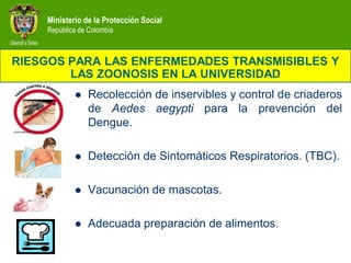 Ministerio de la Protección Social
    República de Colombia



RIESGOS PARA LAS ENFERMEDADES TRANSMISIBLES Y
        LAS ZOONOSIS EN LA UNIVERSIDAD
               Recolección de inservibles y control de criaderos
                de Aedes aegypti para la prevención del
                Dengue.

               Detección de Sintomáticos Respiratorios. (TBC).

               Vacunación de mascotas.

               Adecuada preparación de alimentos.
 