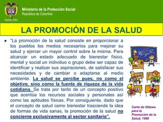 Ministerio de la Protección Social
          República de Colombia



         LA PROMOCIÓN DE LA SALUD
   “La promoción de la salud consiste en proporcionar a
    los pueblos los medios necesarios para mejorar su
    salud y ejercer un mayor control sobre la misma. Para
    alcanzar un estado adecuado de bienestar físico,
    mental y social un individuo o grupo debe ser capaz de
    identificar y realizar sus aspiraciones, de satisfacer sus
    necesidades y de cambiar o adaptarse al medio
    ambiente. La salud se percibe pues, no como el
    objetivo, sino como la fuente de riqueza de la vida
    cotidiana. Se trata por tanto de un concepto positivo
    que acentúa los recursos sociales y personales así
    como las aptitudes físicas. Por consiguiente, dado que
    el concepto de salud como bienestar trasciende la idea       Carta de Ottawa
    de formas de vida sanas, la promoción de la salud no         para la
                                                                 Promoción de la
    concierne exclusivamente al sector sanitario”.               Salud, 1986
 