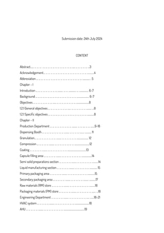 Submission date: 24th July 2024
CONTENT
Abstract…… … … … . … … … … … … … … … … … … ….. … … … … … …3
Acknowledgement… … … … … … … … … … … … … … … … … … …………4
Abbreviation … … … … … … … … … … … … … … … … … … … …..…..… . 5
Chapter - I
Introduction … … … … … … … … … ……… … … ……….… … ….……...… 6-7
Background … … … … … … … … … … … … … … … … … …….………..… 6-7
Objectives … … … … … … … … …… … … … … … … … … ………..……..…8
1.2.1 General objectives … … … … … … … … …… … … … … … … ……… …8
1.2.1 Specific objectives … … … … … … … … … … … … … … … … …………8
Chapter - II
Production Department … … … … … … … … … ……… … … …. … … ….…9-18
Dispensing Booth … … … … … … … … … ……… … … … … …….. ……..… 11
Granulation… … … … … … … … … ……… … … … … … … ………..……… 12
Compression … … … … … ……… … … … … … … … … ……………..………12
Coating … … … … … ……… … … … … … … … … ……………………..……13
Capsule filling area … … … … … ……… … … … … … … … … …….….….…14
Semi solid preparations section … … … … … ……… … … … … … … ….….…14
Liquid manufacturing section … … … … … ……… … … … … … … …..…..… 15
Primary packaging area … … … … … ……… … … … … … … … … ….….…..15
Secondary packaging area … … … … … ……… … … … … … ……… …..……17
Raw materials (RM) store … … … … … ……… … … … … … … … … .………18
Packaging materials (PM) store … … … … … ……… … … … … … … ….… …18
Engineering Department … … … … … ……… … … … … … … … ….. ….…18-21
HVAC system … … … … … ……… … … … … … … … … ……….….…..……18
AHU … … … … … ……… … … … … … … … … ……………………...….…..19
 