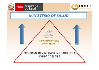 MINISTERIO DE SALUDMINISTERIO DE SALUD
DIGESADIGESA
AutoridadAutoridad
SanitariaSanitaria
Ley General de SaludLey General de Salud
LeyLey NN°° 2684226842
PROGRAMA DE VIGILANCIA SANITARIA DE LAPROGRAMA DE VIGILANCIA SANITARIA DE LA
CALIDAD DEL AIRECALIDAD DEL AIRE
 