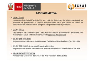 BASE NORMATIVABASE NORMATIVA
Ley N° 26842
Ley General de Salud (Capítulo VIII, art. 106): La Autoridad de Salud establecerá las
medidas de prevención y control indispensables para que cesen los actos de
contaminación ambiental que ponga en riesgo la salud de la población.
Ley N° 28611
Ley General del Ambiente (Art. 53): Rol de carácter transectorial: entidades con
funciones de salud ambiental corresponde acciones de vigilancia
D.S. Nº 074-2001-PCM
Reglamento de Estándares Nacionales de Calidad Ambiental del Aire (Art. 12 y 13)
D.S. Nº 009-2003-S.A., su modificatoria y Directiva
Reglamento de Niveles de Estados de Alerta Nacionales de Contaminantes del Aire
R.D. Nº 1404/2005/DIGESA
Protocolo de Monitoreo de Calidad del Aire y Gestión de los Datos
 