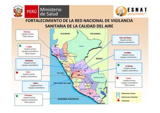 CuscoCusco::
Equipos activos
Equipos automáticos
Tubos pasivos
La Oroya:La Oroya:
Equipos activos
Equipos automáticos
Lima:Lima:
Equipos activos
Equipos automáticos
Arequipa :Arequipa :
Equipos activos
Equipos automáticos
Tubos pasivos
Chimbote:Chimbote:
Equipos activos
Equipos automáticos
Trujillo:Trujillo:
Equipos activos
Equipos automáticos
Tubos pasivos
Cerro deCerro de PascoPasco::
Equipos activos
Equipos automáticos
Pucallpa:Pucallpa:
Equipos activos
Equipos automáticos
Chiclayo:Chiclayo:
Equipos activos
Tubos pasivos
Callao:Callao:
Equipos activos
Equipos automáticos
Estaciones nuevas
Estaciones existentes
Telemetría
FORTALECIMIENTO DE LA RED NACIONAL DE VIGILANCIAFORTALECIMIENTO DE LA RED NACIONAL DE VIGILANCIA
SANITARIA DE LA CALIDAD DEL AIRESANITARIA DE LA CALIDAD DEL AIRE
 