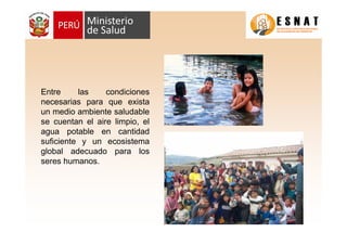 Entre las condiciones
necesarias para que exista
un medio ambiente saludable
se cuentan el aire limpio, el
agua potable en cantidad
suficiente y un ecosistema
global adecuado para los
seres humanos.
 
