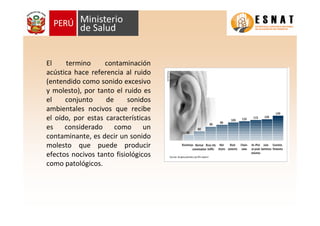 El termino contaminación
acústica hace referencia al ruido
(entendido como sonido excesivo
y molesto), por tanto el ruido es
el conjunto de sonidos
ambientales nocivos que recibe
el oído, por estas características
es considerado como un
contaminante, es decir un sonido
molesto que puede producir
efectos nocivos tanto fisiológicos
como patológicos.
 