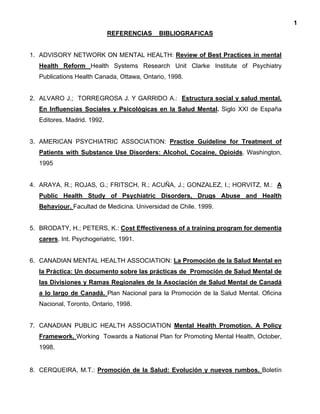 1
REFERENCIAS BIBLIOGRAFICAS
1. ADVISORY NETWORK ON MENTAL HEALTH: Review of Best Practices in mental
Health Reform Health Systems Research Unit Clarke Institute of Psychiatry
Publications Health Canada, Ottawa, Ontario, 1998.
2. ALVARO J.; TORREGROSA J. Y GARRIDO A.: Estructura social y salud mental.
En Influencias Sociales y Psicológicas en la Salud Mental. Siglo XXI de España
Editores. Madrid. 1992.
3. AMERICAN PSYCHIATRIC ASSOCIATION: Practice Guideline for Treatment of
Patients with Substance Use Disorders: Alcohol, Cocaine, Opioids. Washington,
1995
4. ARAYA, R.; ROJAS, G.; FRITSCH, R.; ACUÑA, J.; GONZALEZ, I.; HORVITZ, M.: A
Public Health Study of Psychiatric Disorders, Drugs Abuse and Health
Behaviour. Facultad de Medicina. Universidad de Chile. 1999.
5. BRODATY, H.; PETERS, K.: Cost Effectiveness of a training program for dementia
carers. Int. Psychogeriatric, 1991.
6. CANADIAN MENTAL HEALTH ASSOCIATION: La Promoción de la Salud Mental en
la Práctica: Un documento sobre las prácticas de Promoción de Salud Mental de
las Divisiones y Ramas Regionales de la Asociación de Salud Mental de Canadá
a lo largo de Canadá. Plan Nacional para la Promoción de la Salud Mental. Oficina
Nacional, Toronto, Ontario, 1998.
7. CANADIAN PUBLIC HEALTH ASSOCIATION Mental Health Promotion. A Policy
Framework. Working Towards a National Plan for Promoting Mental Health, October,
1998.
8. CERQUEIRA, M.T.: Promoción de la Salud: Evolución y nuevos rumbos. Boletín
 
