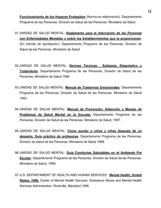12
Funcionamiento de los Hogares Protegidos (Norma en elaboración). Departamento
Programa de las Personas. División de Salud de las Personas. Ministerio de Salud
91.UNIDAD DE SALUD MENTAL: Reglamento para la Internación de las Personas
con Enfermedades Mentales y sobre los Establecimientos que la proporcionan.
(En trámite de aprobación). Departamento Programa de las Personas. División de
Salud de las Personas. Ministerio de Salud
92.UNIDAD DE SALUD MENTAL: Normas Técnicas: Epilepsia, Diagnóstico y
Tratamiento. Departamento Programa de las Personas. División de Salud de las
Personas. Ministerio de Salud 1990
93.UNIDAD DE SALUD MENTAL: Manual de Trastornos Emocionales. Departamento
Programa de las Personas. División de Salud de las Personas. Ministerio de Salud
1993
94.UNIDAD DE SALUD MENTAL: Manual de Prevención, Detección y Manejo de
Problemas de Salud Mental en la Escuela. Departamento Programa de las
Personas. División de Salud de las Personas. Ministerio de Salud, 1997.
95.UNIDAD DE SALUD MENTAL: Cómo ayudar a niños y niñas después de un
desastre. Guía práctica de profesores. Departamento Programa de las Personas.
División de Salud de las Personas. Ministerio de Salud 1998.
96.UNIDAD DE SALUD MENTAL: Guía Conductas Saludables en el Ambiente Pre
Escolar. Departamento Programa de las Personas. División de Salud de las Personas.
Ministerio de Salud, 1999.
97.U.S. DEPARTAMENT OF HEALTH AND HUMAN SERVICES: Mental Health, United
States, 1996. Center of Mental Health Services. Substance Abuse and Mental Health
Services Adminisration. Rockville, Maryland 1996
 