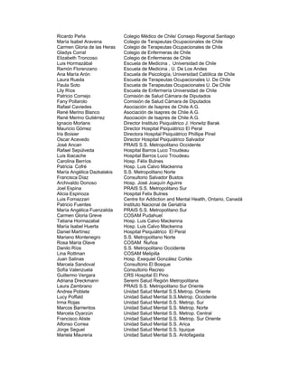 Ricardo Peña Colegio Médico de Chile/ Consejo Regional Santiago
María Isabel Aravena Colegio de Terapeutas Ocupacionales de Chile
Carmen Gloria de las Heras Colegio de Terapeutas Ocupacionales de Chile
Gladys Corral Colegio de Enfermeras de Chile
Elizabeth Troncoso Colegio de Enfermeras de Chile
Luis Hormazábal Escuela de Medicina , Universidad de Chile
Ramón Florenzano Escuela de Medicina , U. De Los Andes
Ana María Arón Escuela de Psicología, Universidad Católica de Chile
Laura Rueda Escuela de Terapeutas Ocupacionales U. De Chile
Paula Soto Escuela de Terapeutas Ocupacionales U. De Chile
Lily Ríos Escuela de Enfermería Universidad de Chile
Patricio Cornejo Comisión de Salud Cámara de Diputados
Fany Pollarolo Comisión de Salud Cámara de Diputados
Rafael Caviedes Asociación de Isapres de Chile A.G.
René Merino Blanco Asociación de Isapres de Chile A.G.
René Merino Gutiérrez Asociación de Isapres de Chile A.G.
Ignacio Morlans Director Instituto Psiquiátrico J. Horwitz Barak
Mauricio Gómez Director Hospital Psiquiátrico El Peral
Iris Boisier Directora Hospital Psiquiátrico Phillipe Pinel
Oscar Acevedo Director Hospital Psiquiátrico Salvador
José Ancan PRAIS S.S. Metropolitano Occidente
Rafael Sepúlveda Hospital Barros Luco Troudeau
Luis Ibacache Hospital Barros Luco Troudeau
Carolina Berríos Hosp. Félix Bulnes
Patricia Cofré Hosp. Luis Calvo Mackenna
María Angélica Dazkalakis S.S. Metropolitano Norte
Francisca Díaz Consultorio Salvador Bustos
Archivaldo Donoso Hosp. José Joaquín Aguirre
Joel Espina PRAIS S.S. Metropolitano Sur
Alicia Espinoza Hospital Felix Bulnes
Luis Fornazzari Centre for Addiction and Mental Health, Ontario, Canadá
Patricio Fuentes Instituto Nacional de Geriatría
María Angélica Fuenzalida PRAIS S.S. Metropolitano Sur
Carmen Gloria Greve COSAM Pudahuel
Tatiana Hormazabal Hosp. Luis Calvo Mackenna
María Isabel Huerta Hosp. Luis Calvo Mackenna
Daniel Martínez Hospital Psiquiátrico El Peral
Mariano Montenegro S.S. Metropolitano Norte
Rosa María Olave COSAM Ñuñoa
Danilo Ríos S.S. Metropolitano Occidente
Lina Rottman COSAM Melipilla
Juan Salinas Hosp. Exequiel González Cortés
Marcela Sandoval Consultorio El Bosque
Sofía Valenzuela Consultorio Recreo
Guillermo Vergara CRS Hospital El Pino
Adriana Dreckmann Seremi Salud Región Metropolitana
Laura Zambrano PRAIS S.S. Metropolitano Sur Oriente
Andrea Poblete Unidad Salud Mental S.S.Metrop. Oriente
Lucy Poffald Unidad Salud Mental S.S.Metrop. Occidente
Irma Rojas Unidad Salud Mental S.S. Metrop. Sur
Marcos Barrientos Unidad Salud Mental S.S. Metrop. Norte
Marcela Oyarzún Unidad Salud Mental S.S. Metrop. Central
Francisco Aliste Unidad Salud Mental S.S. Metrop. Sur Oriente
Alfonso Correa Unidad Salud Mental S.S. Arica
Jorge Seguel Unidad Salud Mental S.S. Iquique
Mariela Maureria Unidad Salud Mental S.S. Antofagasta
 