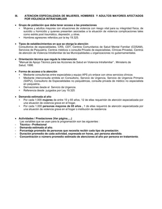 III. ATENCION ESPECIALIZADA DE MUJERES, HOMBRES Y ADULTOS MAYORES AFECTADOS
POR VIOLENCIA INTRAFAMILIAR
• Grupo de población que debe tener acceso a las prestaciones
∗
∗
∗
∗
∗
∗
∗
∗
Mujeres y adultos mayores con situaciones de violencia con riesgo vital para su integridad física, de
suicidio u homicidio y quienes presenten asociadas a la situación de violencia complicaciones tales
como estrés post traumático, depresión, y otras.
Hombres agresores referidos por la ley 19.325.
• Tipos de establecimientos en que se otorga la atención
Consultorios de especialidades, CRS, CDT, Centros Comunitarios de Salud Mental Familiar (COSAM),
Servicios de Psiquiatría, Centros médicos o consulta Privada de especialistas, Clínicas Privadas. Centros
de atención de Violencia Intrafamiliar de las Municipalidades u organizaciones no gubernamentales.
• Orientación técnica que regula la intervención
“Manual de Apoyo Técnico para las Acciones de Salud en Violencia Intrafamiliar” , Ministerio de
Salud, 1998.
• Forma de acceso a la atención
Mediante consultorías entre especialista y equipo APS y/o enlace con otros servicios clínicos
Mediante interconsulta emitida en Consultorio, Servicio de Urgencia, Servicio de Urgencia Primaria
(SAPU), Consultorio de Especialidades no psiquiátricas, consulta privada de médico no especialista
en psiquiatría..
Derivaciones desde el Servicio de Urgencia.
Referencia desde juzgados por Ley 19.325
• Demanda estimada al año
Por cada 1.000 mujeres de entre 15 y 65 años, 12 de ellas requerirán de atención especializada por
una situación de violencia grave en el hogar,
Por cada 1.000 personas mayores de 65 años , 1 de ellas requerirá de atención especializada por
una situación de violencia grave en el hogar o institución de residencia
• Actividades / Prestaciones (Ver página.....)
Las variables que se usan para la programación son las siguientes :
- Técnico - Profesional
- Demanda estimada al año.
- Porcentaje promedio de personas que necesita recibir cada tipo de prestación.
- Duración promedio de cada actividad, expresada en horas, por persona atendida.
- Concentración o número promedio estimado de atenciones al año por persona en tratamiento.
 