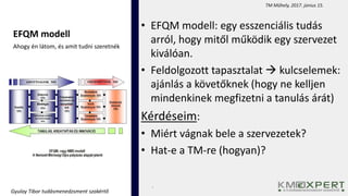 .
TM Műhely, 2017. június 15.
Gyulay Tibor tudásmenedzsment szakértő
• EFQM modell: egy esszenciális tudás
arról, hogy mit...