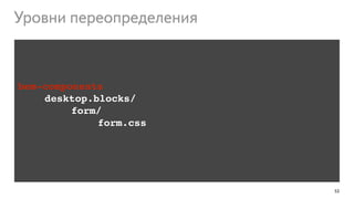 53
!
!
!
bem-components!
!!!!desktop.blocks/!
!!!!!!!!form/!
!!!!!!!!!!!!form.css
Уровни переопределения
 