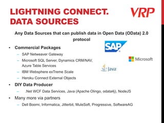 LIGHTNING CONNECT.
DATA SOURCES
Any Data Sources that can publish data in Open Data (OData) 2.0
protocol
▪ Commercial Packages
– SAP Netweaver Gateway
– Microsoft SQL Server, Dynamics CRM/NAV,
Azure Table Services
– IBM Websphere exTreme Scale
– Heroku Connect External Objects
▪ DIY Data Producer
– .Net WCF Data Services, Java (Apache Olingo, odata4j), NodeJS
▪ Many more via partners
– Dell Boomi, Informatica, Jitterbit, MuleSoft, Progressive, SoftwareAG
 