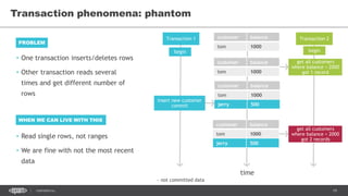 19CONFIDENTIAL
Transaction phenomena: phantom
Transaction 1 Transaction 2customer balance
tom 1000
time
begin begin
get all customers
where balance < 2000
got 1 record
customer balance
tom 1000
jerry 500
customer balance
tom 1000
insert new customer
commit
customer balance
tom 1000
jerry 500
get all customers
where balance < 2000
got 2 records
~ not committed data
• One transaction inserts/deletes rows
• Other transaction reads several
times and get different number of
rows
PROBLEM
WHEN WE CAN LIVE WITH THIS
• Read single rows, not ranges
• We are fine with not the most recent
data
 