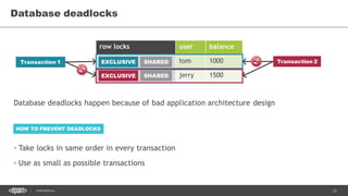 32CONFIDENTIAL
Database deadlocks
row locks user balance
tom 1000
jerry 1500
Transaction 1
EXCLUSIVE
SHAREDEXCLUSIVE
SHARED
Transaction 2
Database deadlocks happen because of bad application architecture design
• Take locks in same order in every transaction
• Use as small as possible transactions
HOW TO PREVENT DEADLOCKS
 